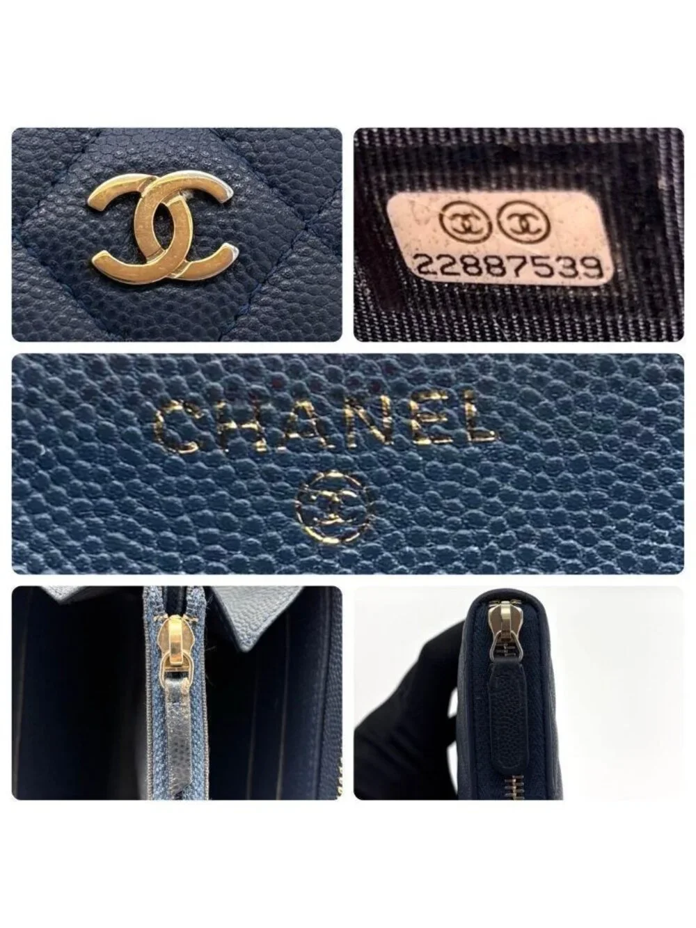 Chanel Quilted Caviar Leather Zip Around Wallet Navy